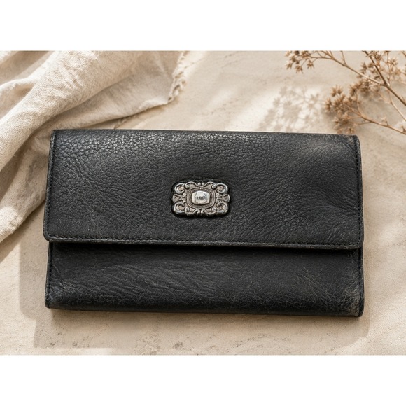 Fossil Handbags - Fossil Black Leather Trifold Wallet Western Filigree Medallion Checkbook Clutch